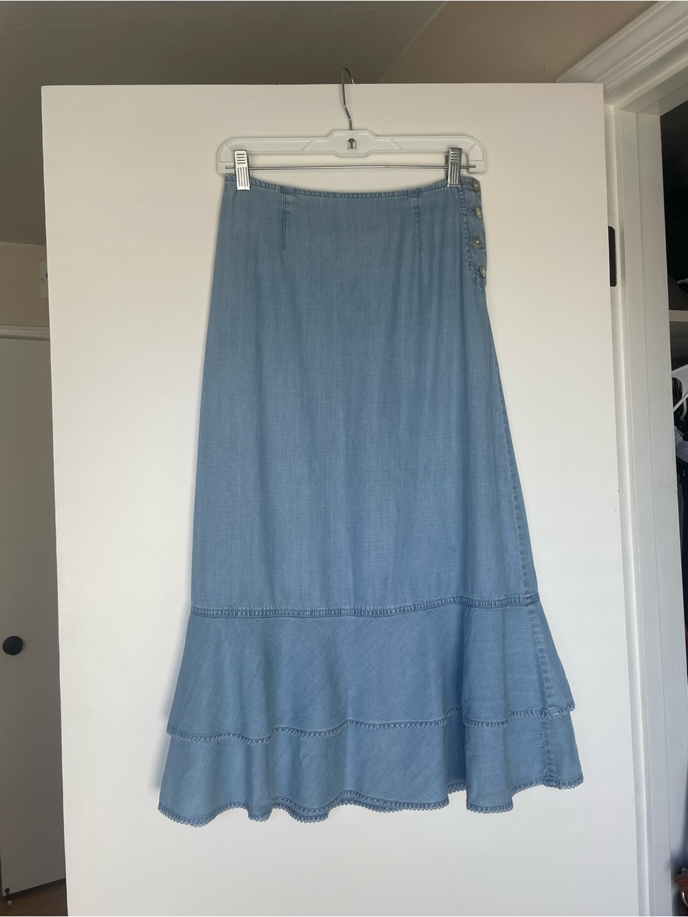 Liz Claiborne Light Blue Denim Maxi Skirt with Tiered Ruffle Hem